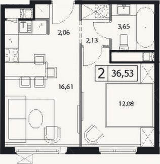Планировка: 2-к, 36,5 м²