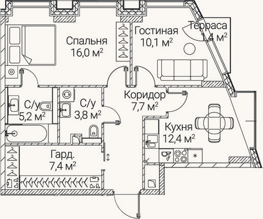 Планировка: 2-к, 61,4 м²