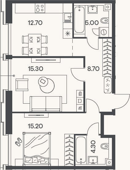 Планировка: 2-к, 61,2 м²