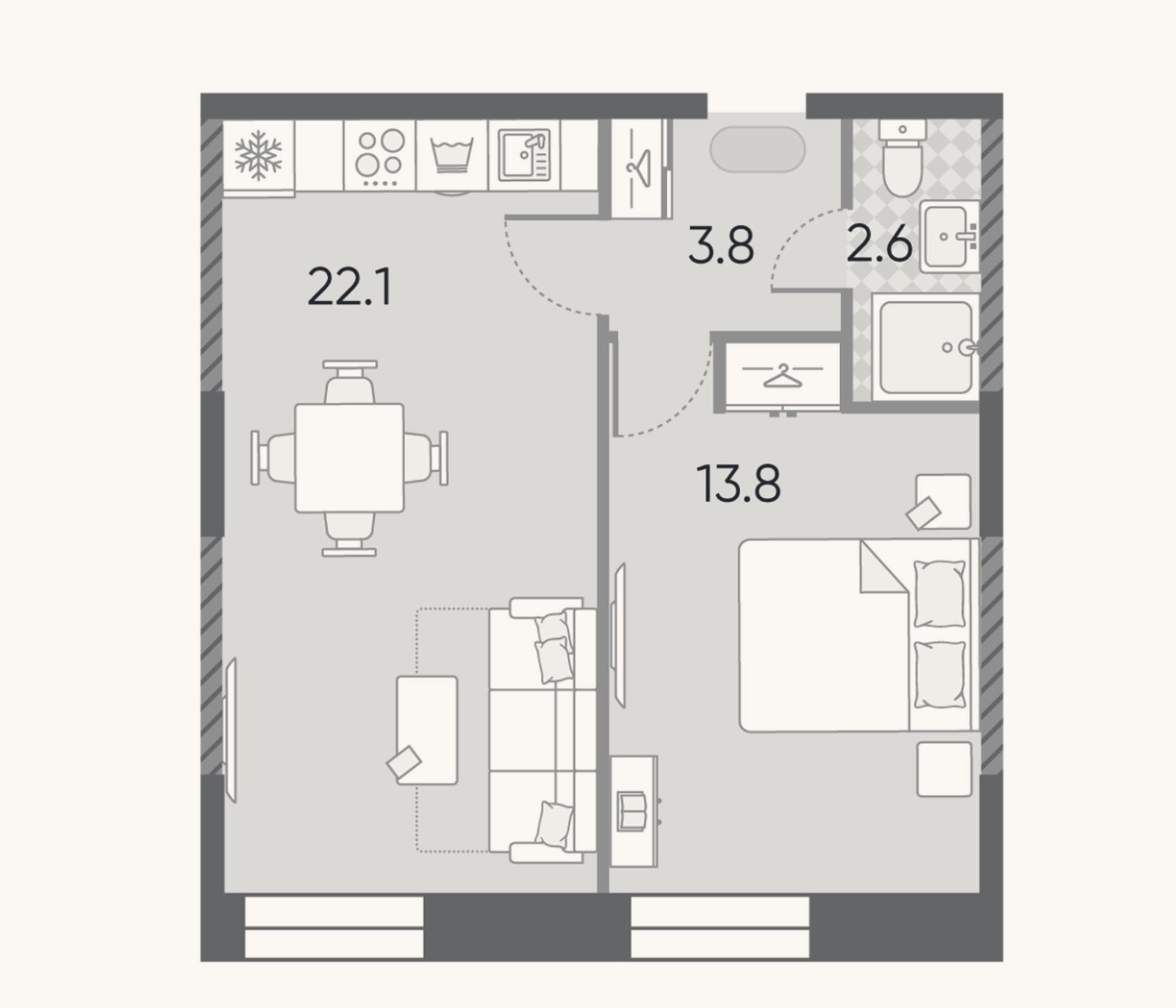 Планировка: 2-к, 42,3 м²