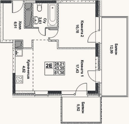 Планировка: 2-к, 43,4 м²