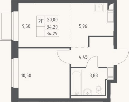 Планировка: 2-к, 34,3 м²