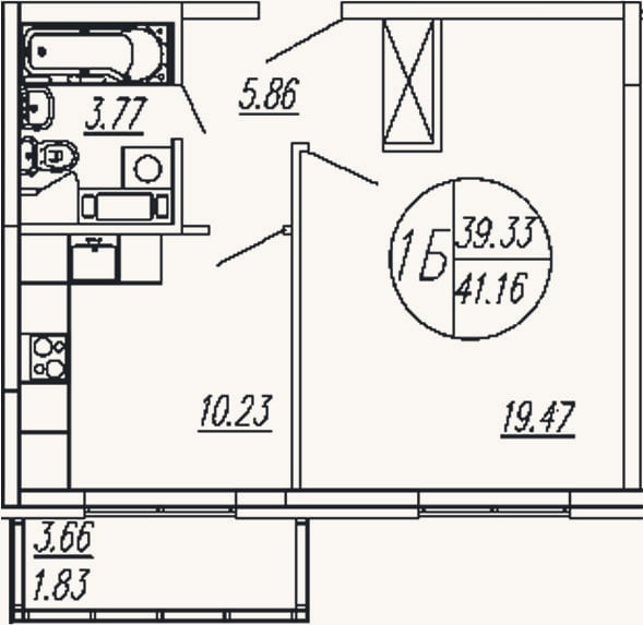 Планировка: 1-к, 39,3 м²