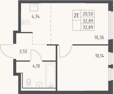 Планировка: 2-к, 32,9 м²