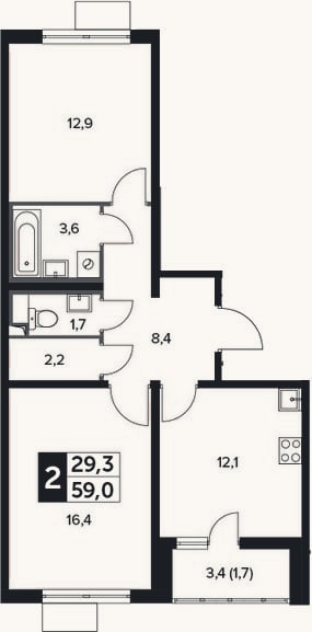 Планировка: 2-к, 57,3 м²