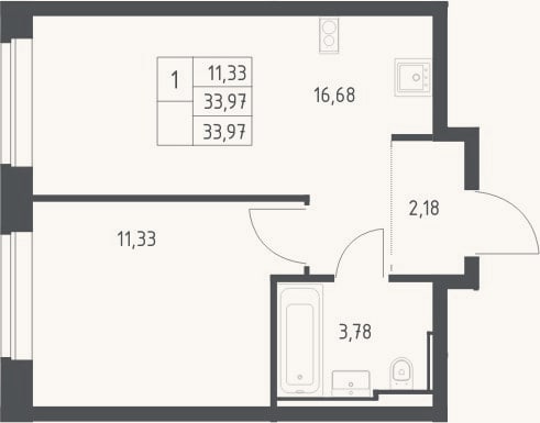 Планировка: 2-к, 34 м²