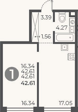 Планировка: 1-к, 42,6 м²