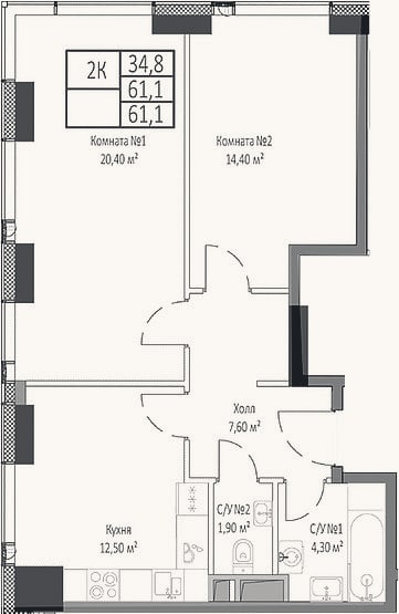 Планировка: 2-к, 61,1 м²