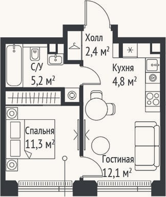 Планировка: 2-к, 35,7 м²