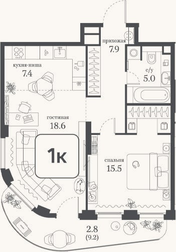 Планировка: 1-к, 54,4 м²