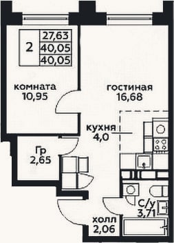 Планировка: 2-к, 40,1 м²