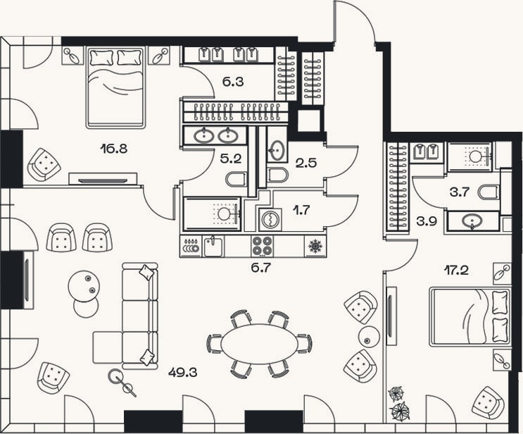 Планировка: 3-к, 121,9 м²