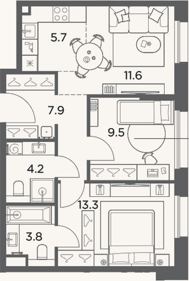 Планировка: 3-к, 56 м²