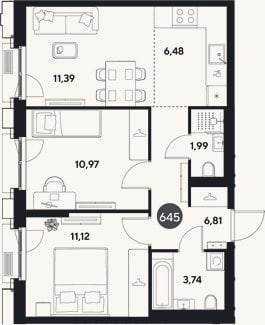 Планировка: 3-к, 52,5 м²