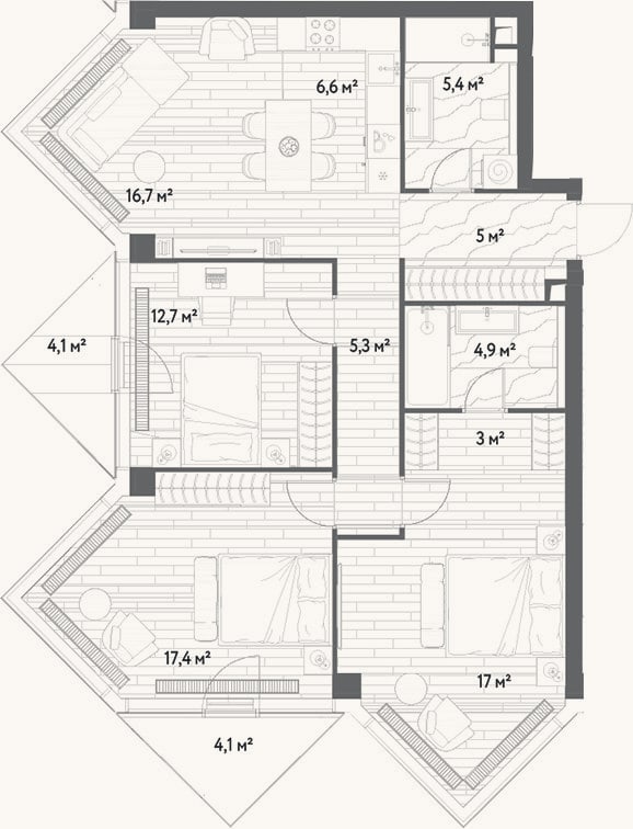 Планировка: 4+ к, 93,8 м²