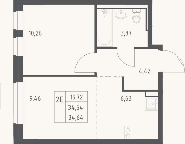 Планировка: 2-к, 34,6 м²