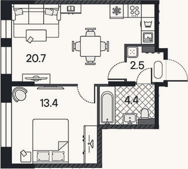 Планировка: 2-к, 41 м²