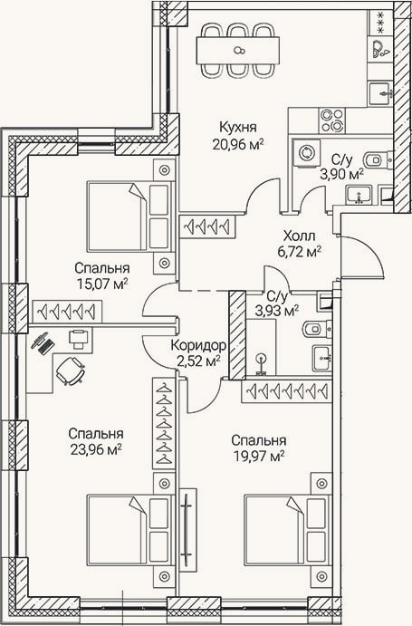 Планировка: 4+ к, 97 м²