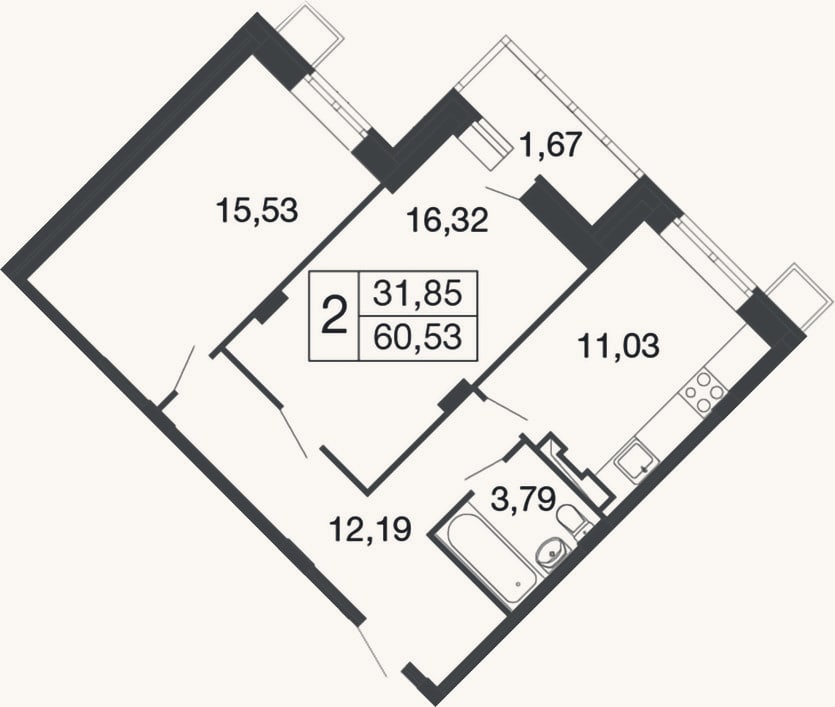 Планировка: 2-к, 58,9 м²