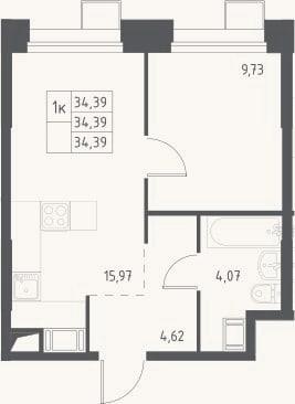 Планировка: 2-к, 34,4 м²