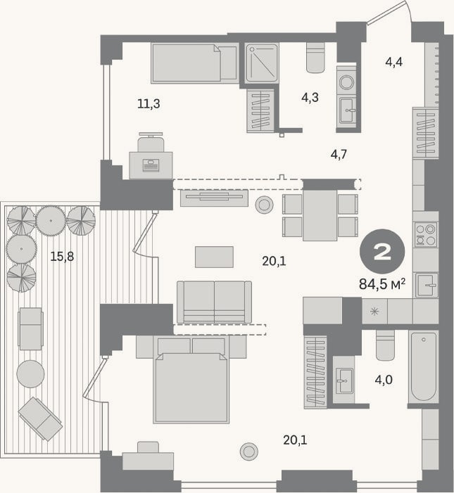 Планировка: 2-к, 68,7 м²