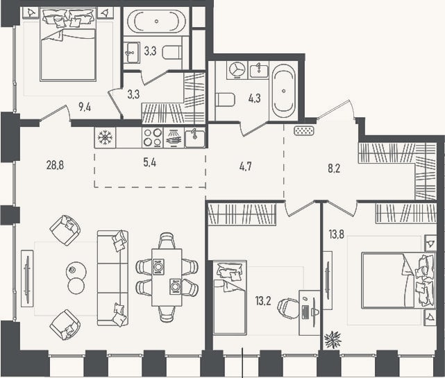 Планировка: 4+ к, 94,4 м²