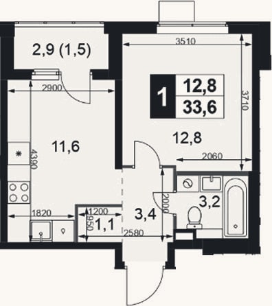 Планировка: 1-к, 32,1 м²