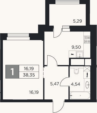 Планировка: 1-к, 35,7 м²