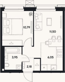 Планировка: 2-к, 34,5 м²
