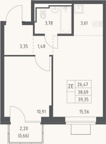 Планировка: 2-к, 38,7 м²