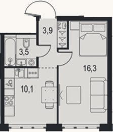 Планировка: 1-к, 33,8 м²