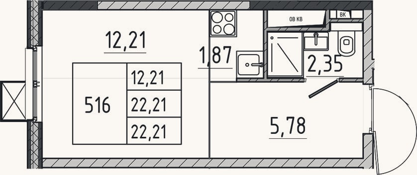 Планировка: Студия, 22,2 м²