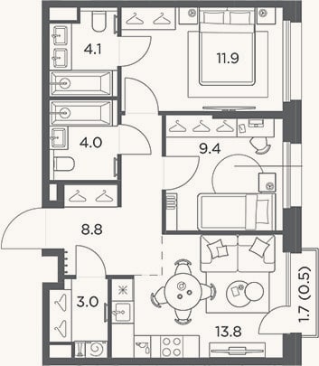 Планировка: 2-к, 55 м²