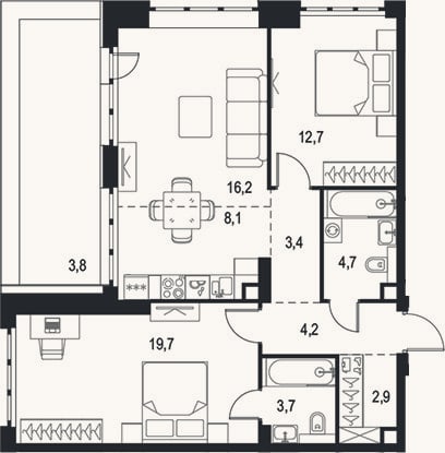 Планировка: 3-к, 75,6 м²