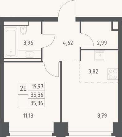 Планировка: 2-к, 35,4 м²