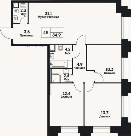Планировка: 4+ к, 84,9 м²