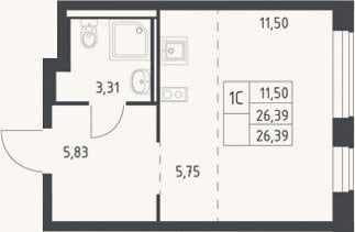 Планировка: Студия, 26,4 м²