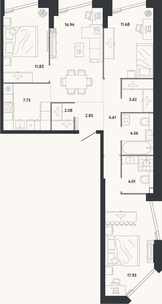 Планировка: 3-к, 87,8 м²