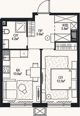 Планировка: 2-к, 39,4 м²