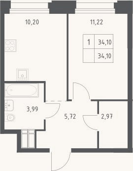 Планировка: 1-к, 34,1 м²