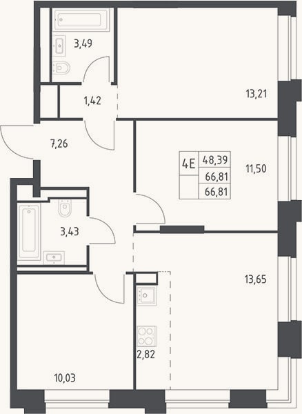 Планировка: 4+ к, 66,8 м²