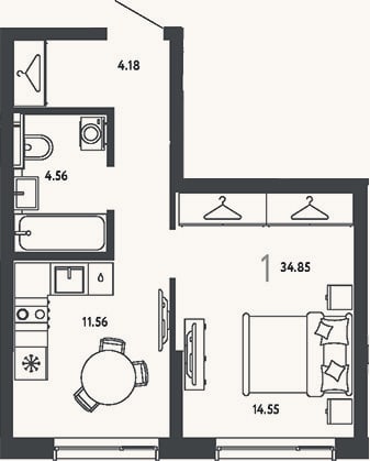 Планировка: 1-к, 34,9 м²