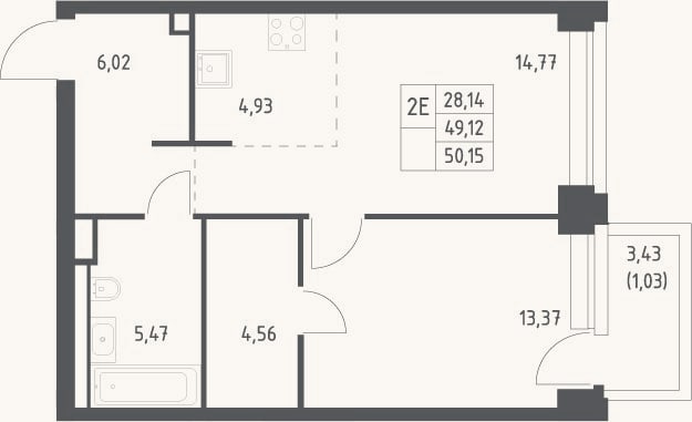 Планировка: 2-к, 49,1 м²