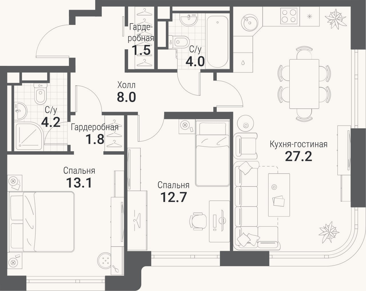 Планировка: 3-к, 72,5 м²