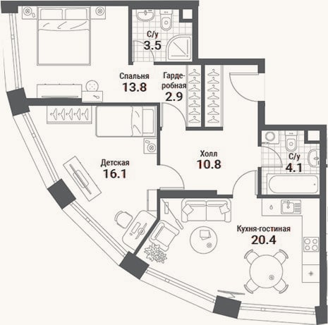 Планировка: 3-к, 71,6 м²