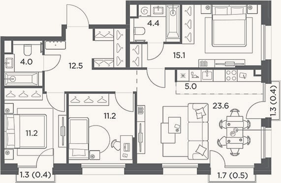 Планировка: 4+ к, 86,9 м²