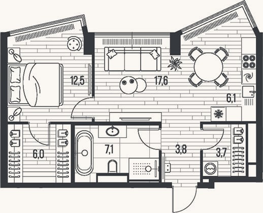 Планировка: 2-к, 56,8 м²