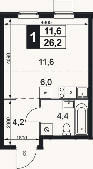 Планировка: Студия, 26,2 м²