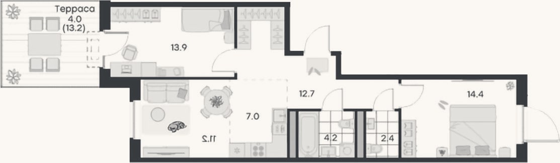 Планировка: 3-к, 65,8 м²
