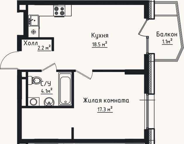 Планировка: 1-к, 42,1 м²